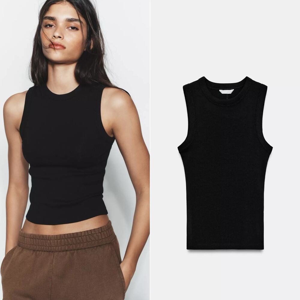 ZARA Black Ribbed Knit Round Neck Tank Top Sleeveless Women's S